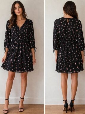 Floral Babydoll Mini Dress Black Pink Smocked Waist 3/4 Sleeve Size S